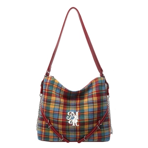 Plaid canvas tote bag with red leather straps and silver chain details in vintage style