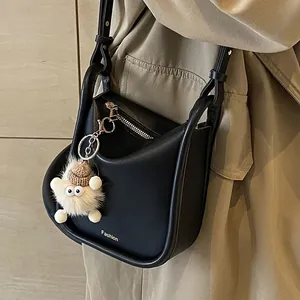 Retro Women PU Leather Bucket Bag Korean Style Versatile Crossbody Shoulder Bag With Plush Charm Fashion Handbag