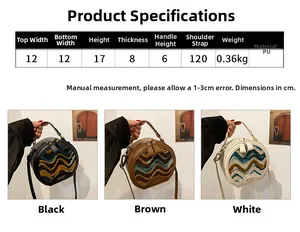 Size chart showing dimensions for a vintage round handbag with PU leather texture