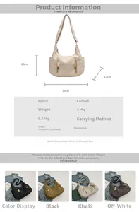 Vue détaillée du sac cabas en toile avec dimensions et plusieurs coloris