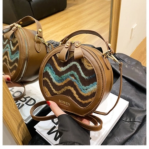 Detail view of round crossbody bag with wave pattern weaving and dual zipper closure
