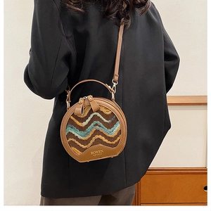 Model view of round bag with retro brown tone and wavy woven texture details