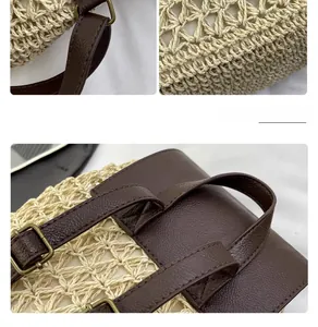 Detailed view of woven straw texture with brown PU leather strap and metal buckle