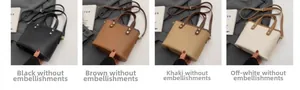 Detailed comparison of four textured leather bucket bags in black, brown, khaki, and cream