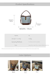 Detailed size chart of women's denim bucket bag with adjustable brown leather straps