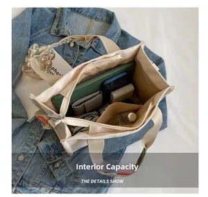 Detail of canvas tote bag interior showing multiple compartments and large capacity