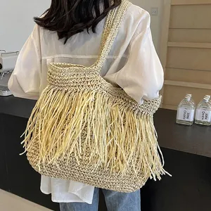 Bohemian Straw Woven Tote Bag Women Large Capacity Fringe Tassel Shoulder Bag Summer Beach Vacation Travel Handbag