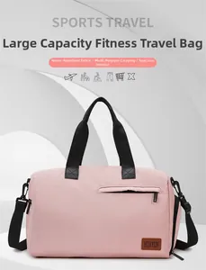 Macro detail of waterproof pink oxford cloth fabric and Huayun leather logo on travel bag