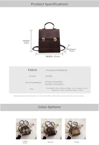 Detailed size chart and specifications for vintage plaid PU leather backpack