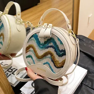 PU Leather Woven Fabric Round Crossbody Bag Wave Texture Retro Fashion Handbag For Women