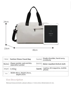 Waterproof oxford fabric travel bag size guide with iPad Air for scale and 40x24x23cm dimensions