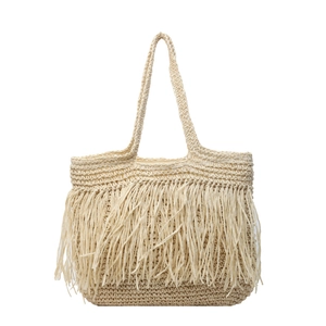 Large bohemian straw tote bag with fringe tassels for summer beach vacation