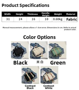 Detailed size chart and multi-color canvas tote bags with wide crossbody straps