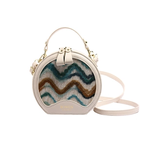Elegant round crossbody bag in beige with colorful wave pattern and gold zipper detail