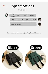 Detailed size chart and dimensions for the large capacity nylon tote shoulder bag