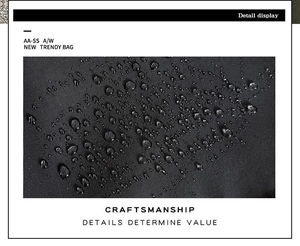 Detail view of water-resistant nylon fabric with water droplets on black tote bag