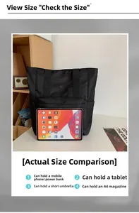 Detail showing large capacity nylon tote bag fitting a tablet and A4 magazines