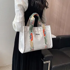 Large Capacity Canvas Tote Bag For Women With Floral Embroidery Wide Shoulder Strap Casual Fashion Crossbody Handbag