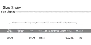 Size chart for high-capacity PU tote bag showing dimensions: 35cm width and 24cm height