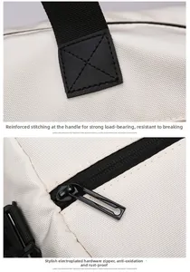 Detail of reinforced cross-stitching and premium metal zipper on beige travel bag