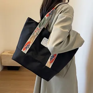 Large Capacity Canvas Tote Bag Women Floral Embroidered Wide Strap Shoulder Crossbody Handbag Commuter Casual