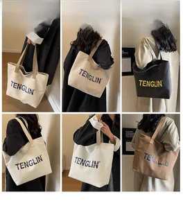 Collage of large canvas tote bags in various colors showing model carrying styles