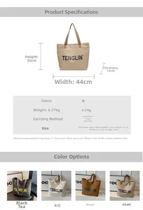 Detailed dimension guide showing large canvas tote bag with height, width, and strap drop info
