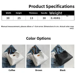 Detailed size chart of quilted tote bag with dimensions 30x25x13cm in three colors