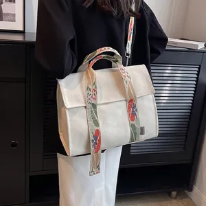 Large Capacity Canvas Crossbody Bag For Women Wide Strap Floral Embroidery Flap Magnetic Buckle Casual Tote Handbag