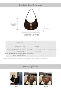 Detailed view of half-moon PU leather bag showing 24x18x8cm dimensions and color options