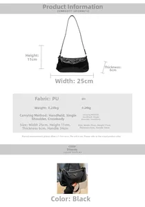 Detail of black glossy PU underarm bag showing golden zipper and dimension specifications