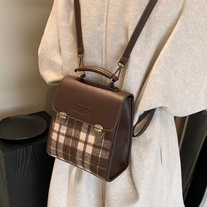 British vintage plaid backpack in brown faux leather and wool blend for women