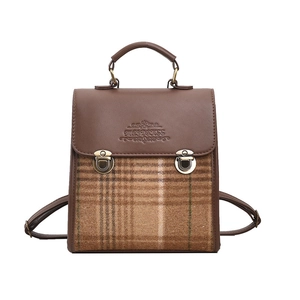 Retro brown plaid patchwork backpack and handbag with vintage metal push locks