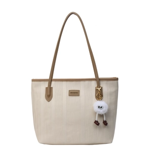 Large capacity tote bag with white wave texture and brown handles for daily commute