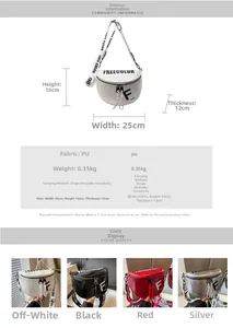 Detailed size specifications for the crescent crossbody bag in four color options