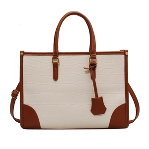 White croc-effect large tote bag with brown contrast trim and adjustable strap