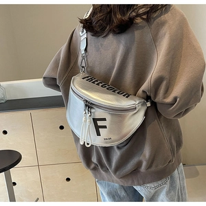 Silver PU leather half-moon crossbody bag with bold F letter print and wide strap detail
