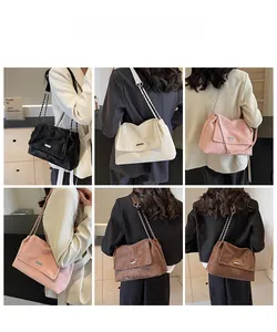 Collage of model wearing tote bags in black, beige, pink and brown with chain straps