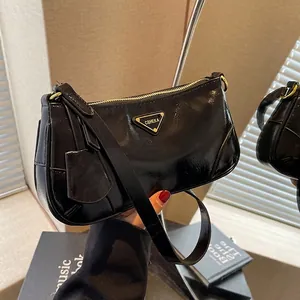 Hobo Underarm Bag Shiny Wrinkled PU Leather Retro Minimalist Triangle Plaque Shoulder Purse For Women