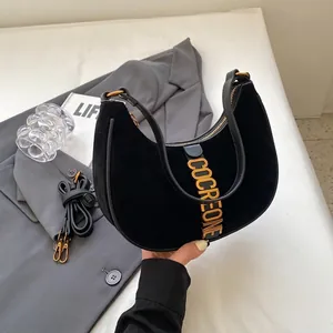 Crescent Hobo Underarm Bag Suede PU Leather Gold Metal Letters Retro Style Versatile Casual Daily Travel For Women