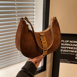 Brown suede hobo bag with gold letter buckle and retro minimalist shoulder strap