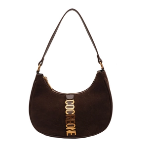 Vintage dark brown suede half-moon shoulder bag with gold metal letters detail