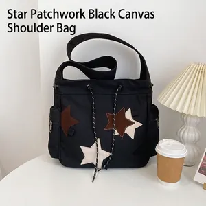 Retro Canvas Shoulder Tote Bag Large Capacity Star Patchwork Drawstring Crossbody Bag Casual For Women Students