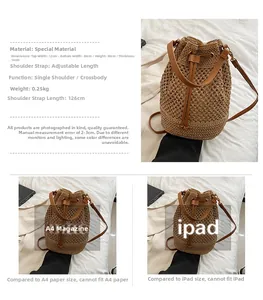 Detail of woven straw bucket bag with size comparison and brown leather strap details