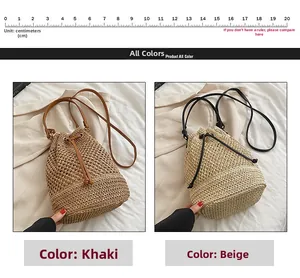 Detail view showing woven straw bucket bag with drawstring closure and 20cm scale ruler