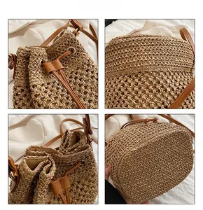Macro detail of hand-woven straw bucket bag featuring leather drawstring and fine texture