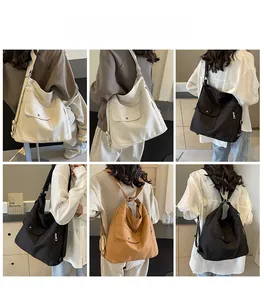 Detail view of large capacity multi-pocket bags in beige, black, and caramel colors