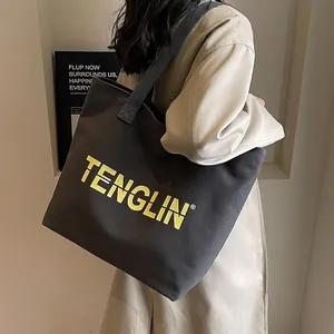 Large Capacity Canvas Tote Bag Minimalist Contrast Color Print Commuter Shoulder Handbag For Women Fashion Urban Style
