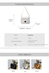 Detailed size chart for minimalist canvas crossbody bag with dimensions 26x22x10cm