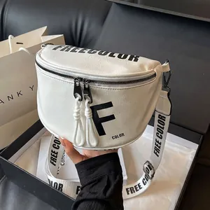 Half Moon Crossbody Bag PU Leather Large Capacity Wide Letter Print Strap Street Fashion Chest Pack For Women